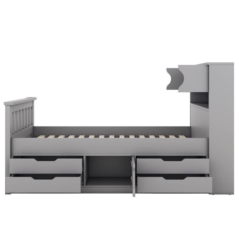 Twin Size Platform Bed with Storage, Bookcase Headboard, Four Drawers, Gray