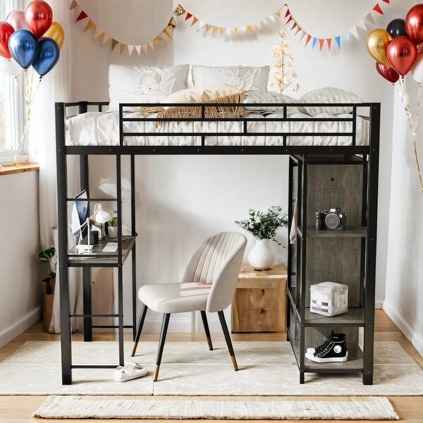 slide 2 of 17, Metal Twin Size Loft Bed with Built-in Wardrobe,Desk and Shelves Black