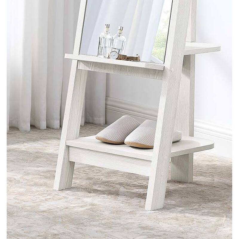 Lewis Modern White Wooden Standing Arched Mirror with Shelf and Hooks