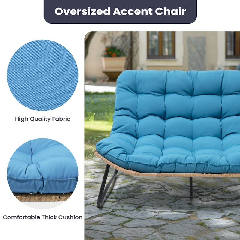 Double Papasan PE Rattan Chair Loveseat with Cushion For Indoor Outdoor