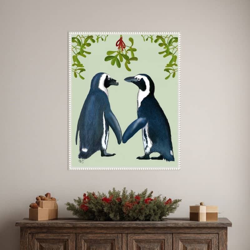 Penguins And Mistletoe by Fab Funky (23 x 28 in.), Framed Canvas Wall Art Print - Sylvie Beaded White