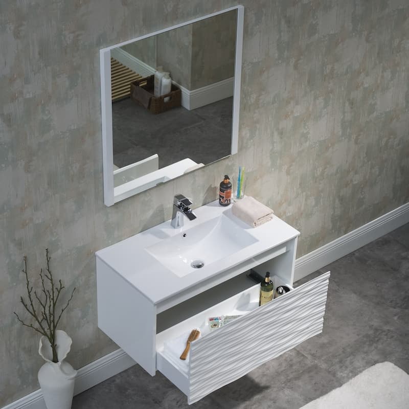 White Floating Vanity / Wall Hung Vanity Set with Mirror