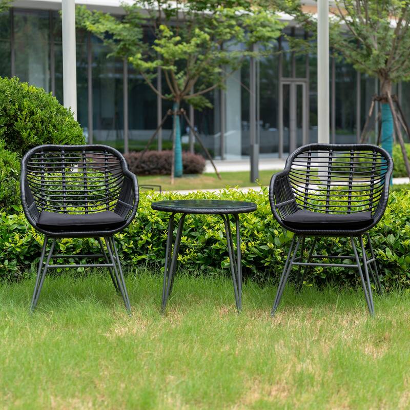 Wicker Bistro Set Outdoor Furniture with Cushions (Set of 3) by Tappio - 21.2"L x 23.6"W x 31.5"H - Black