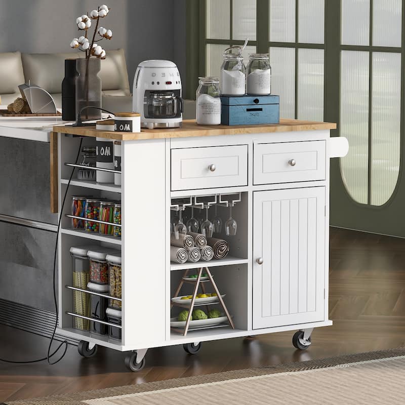 Removable Kitchen Island with Power Outlet, Wine Rack, Simple Storage Cabinet with Stemware Holder and 2 Drawers, White
