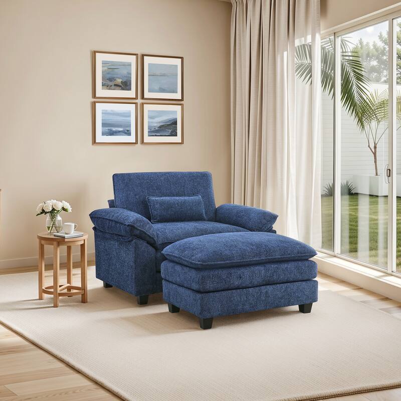 52" W Oversized Accent Chair With Ottoman, Chenille Single Sofa Bed ,Chaise Lounge Chair Indoor,Reading Chairs For Living Room - Deep Blue