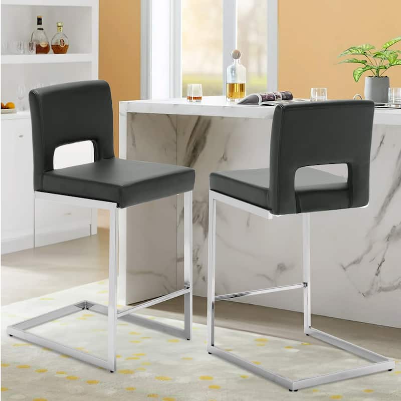 26" Counter Height Bar Stools Set of 2/3 with Metal Frame - 18"W x 23"D x 37.6"H - Set of 2 - Leather-Grey