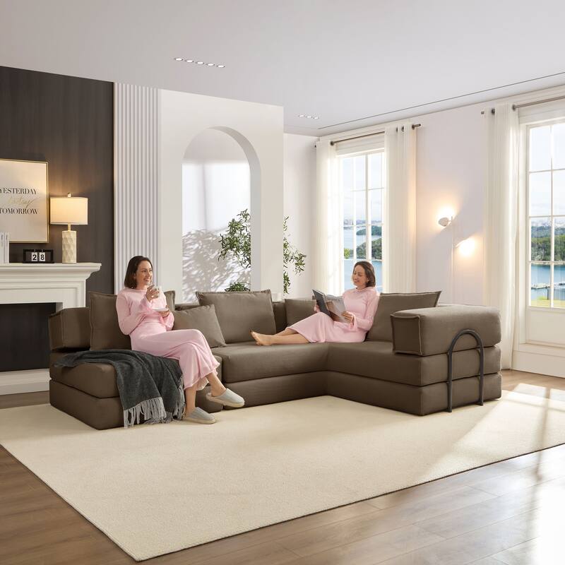 118.2" Oversized Modular Foldable Floor Sofa Couch, Corduroy Upholstered Convertible Sectional Sofa Bed w/ Pillows for Apartment