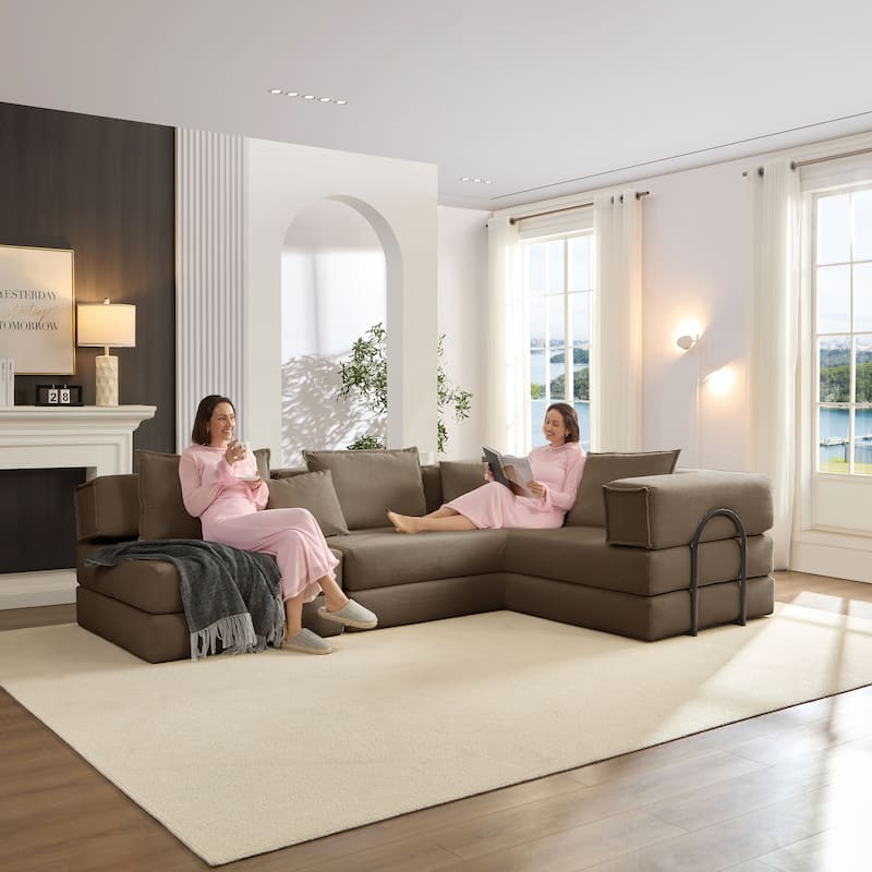 DIY Modular Corduroy L-Shaped Floor Sofa Set with 6 Pillows