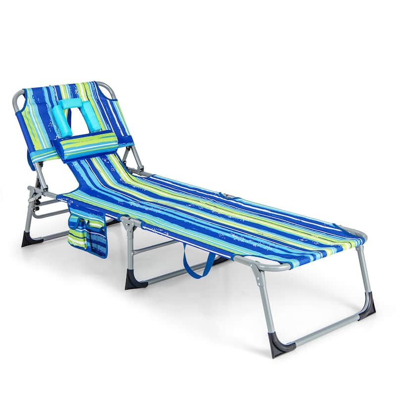 1/2PCS Outdoor Beach Chaise Lounge Folding Chair w/ Pillow Blue&Green - 1 PCS