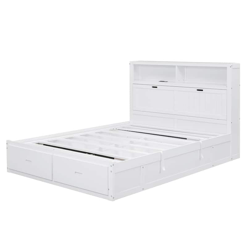 Wood Queen Size Hydraulic Platform Bed with Storage LED Headboard & Charging Station and 2 Drawers