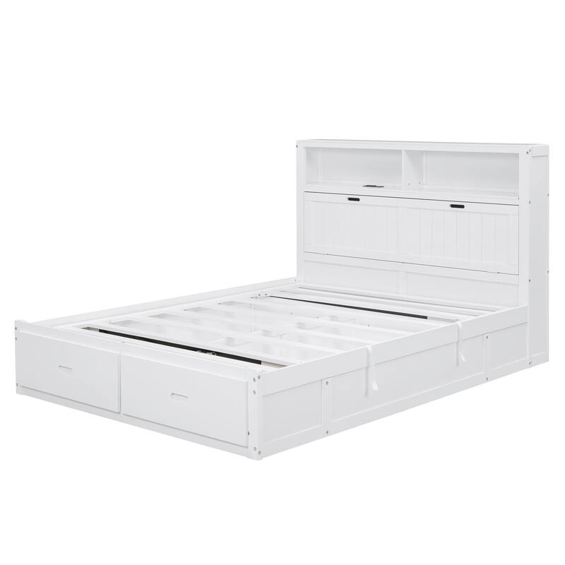 Wooden Bed with LED Headboard, Charging Station, 2 Drawers
