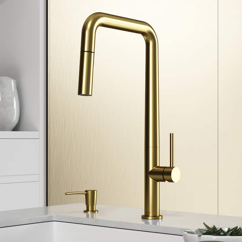 VIGO Parsons 18" H Single Handle Pull-Down Sprayer Kitchen Faucet - With Soap Dispenser - Matte Brushed Gold