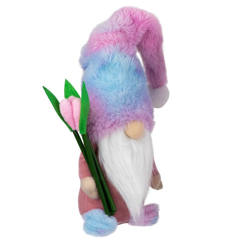 Gnome Boy with Tulips Spring Figurine - 15" - Purple and Blue