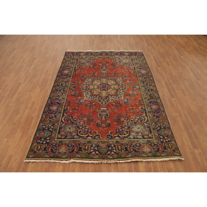 Hand Knotted Oriental 100% Wool Carpet Traditional Floral Oranges & Rust Tabriz Area Rug - 9' 5'' X 6' 5''