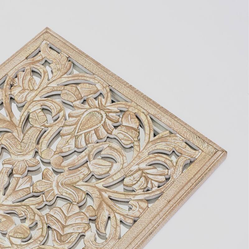 Wooden Floral Hand Carved Mandala Rectangle Wall Decor Accent with Mirror Work-24X71"