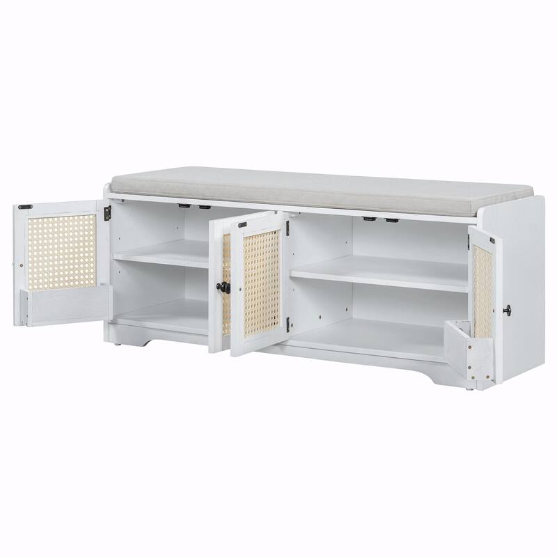 Rustic Storage Bench with Removable Cushion, Woven Rattan Doors & Adjustable Shelves