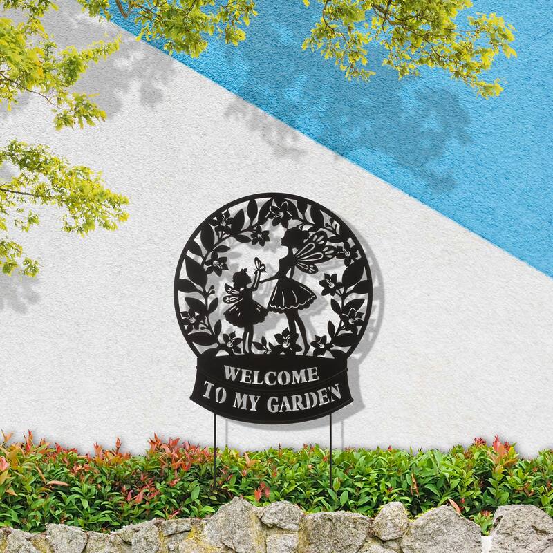 Glitzhome 30"H Multi-functional Metal Rabbit Flower Fairy Silhouette with Welcome Sign Garden Yardstake Wall Decor