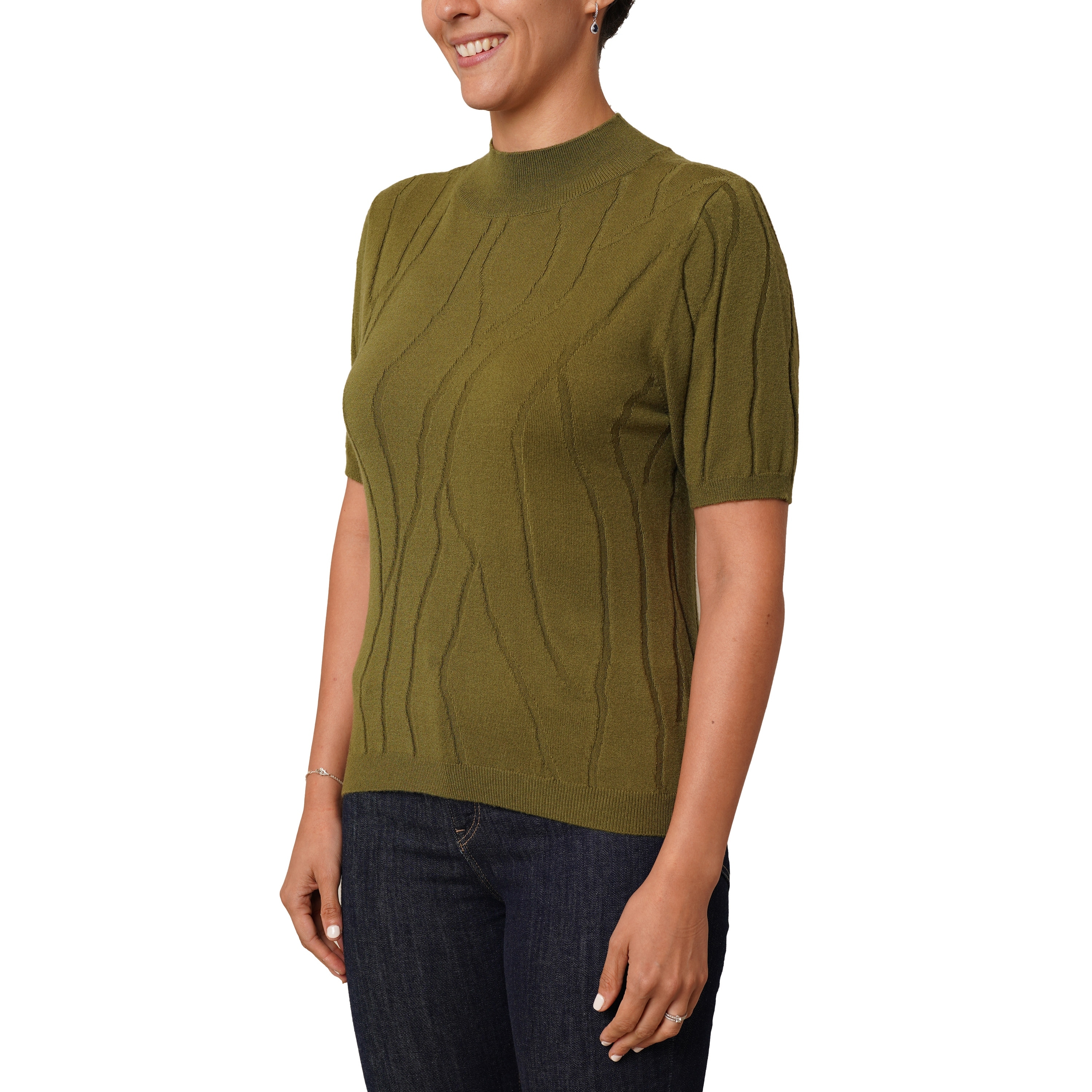 Cyrus Textured Mock Neck Short Sleeve Sweater - Overstock - 43108570