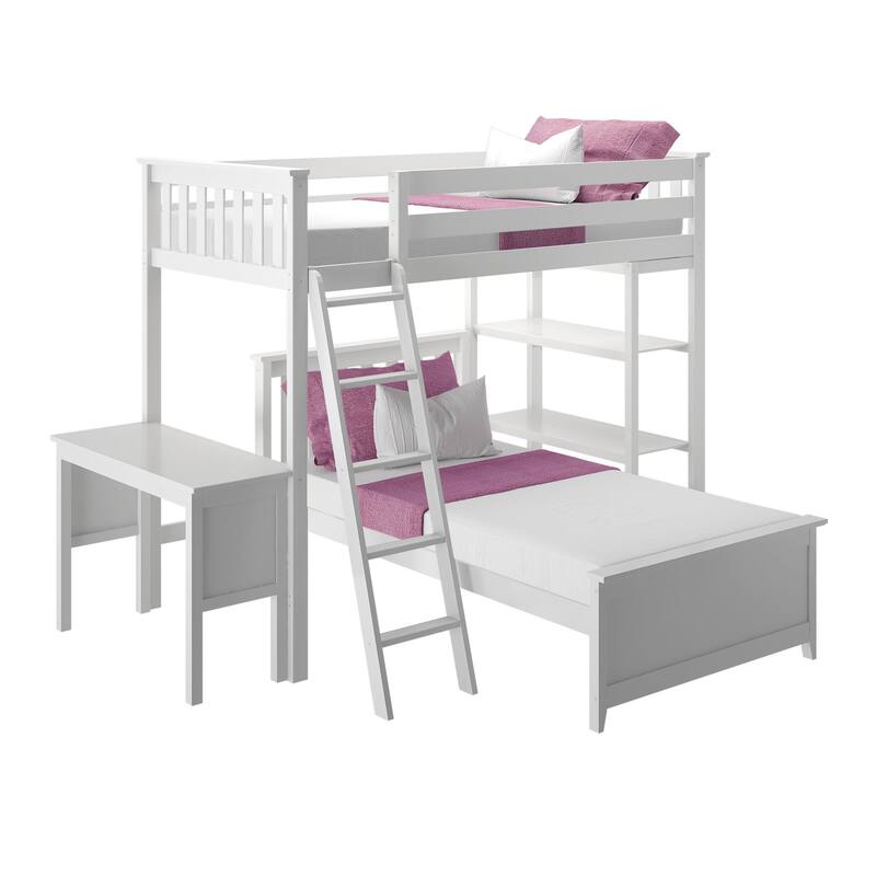 Max and Lily L Shaped Twin over Twin Bunk Bed with Bookcase and Desk