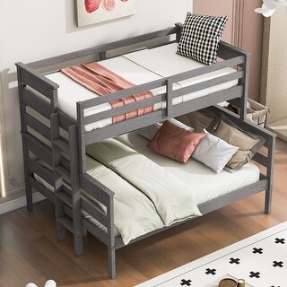 Gray Twin over Full Size Solid Wood Bunk Bed with Ladder & Fence