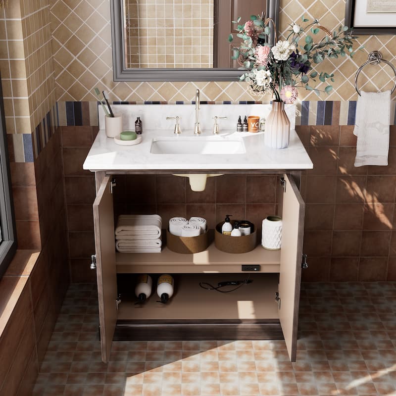 36" Bathroom Vanity with Single Sink, Double Doors, Rattan Accents & Marble-Style Top