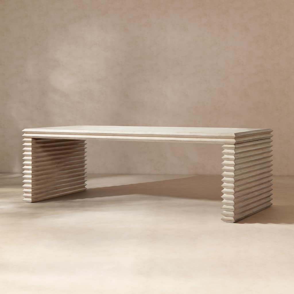 Jennifer Taylor Home Veda 94" Reclaimed Wood Stacked Geometric Waterfall Dining Table - Whitewashed Natural