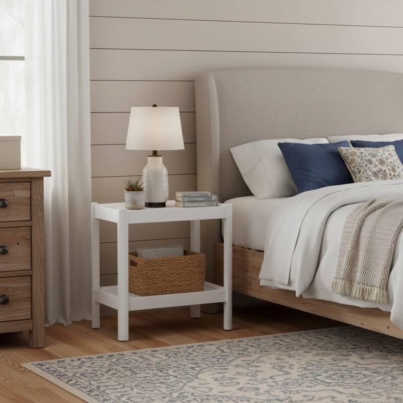 Modern White Nightstand with Two Shelves and Rounded Corners - White