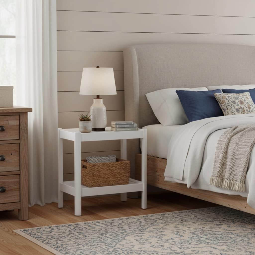 Modern White Nightstand with Two Shelves and Rounded Corners