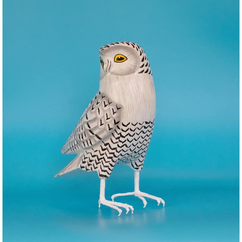Wood Snowy Owl Figurine - Hand Carved Bird Sculpture, White Owl Wildlife Decor - 8" tall x 6" wide x 3.5" deep
