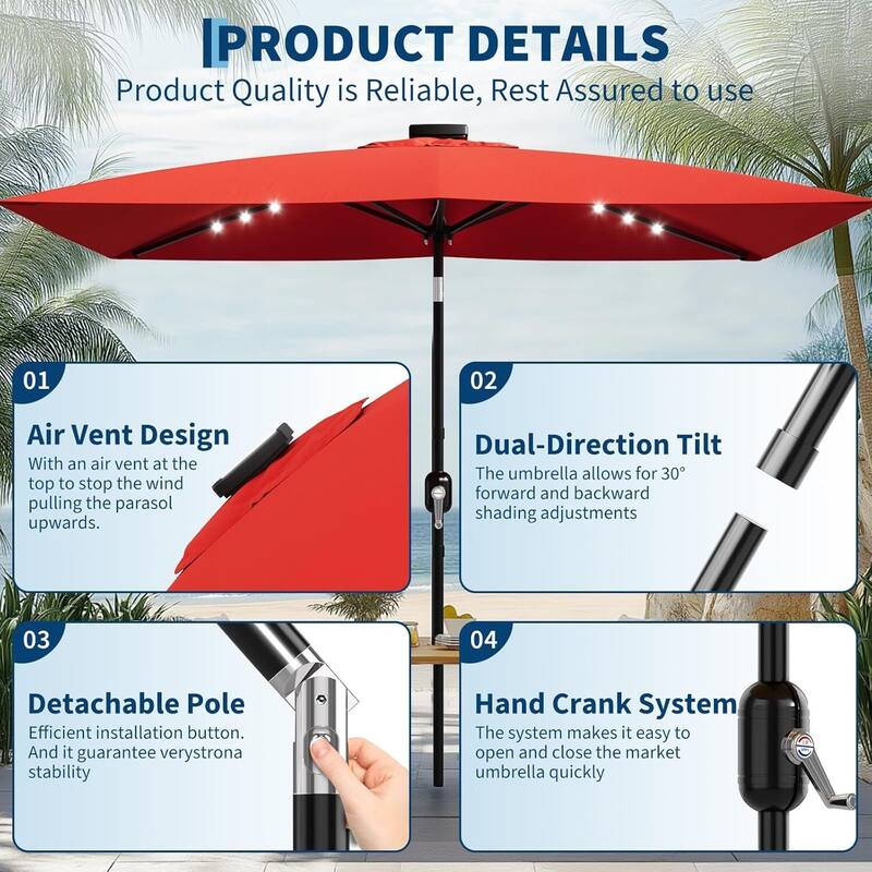 10' x 6.5' Solar Patio Umbrella with Crank and Push Button Tilt for Garden, Deck, Lawn, Pool with Lights (No Base)