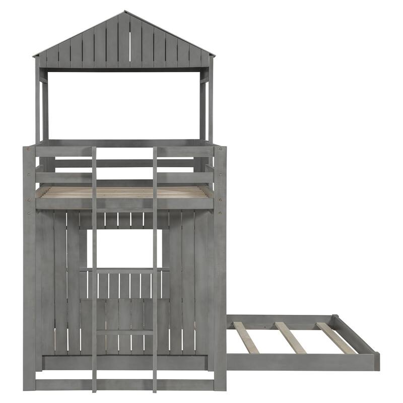Play House Loft Bed with Floor Bed, Wooden Twin Over Full Bunk Bed with Roof, Windows, Ladder and Safety Guardrails
