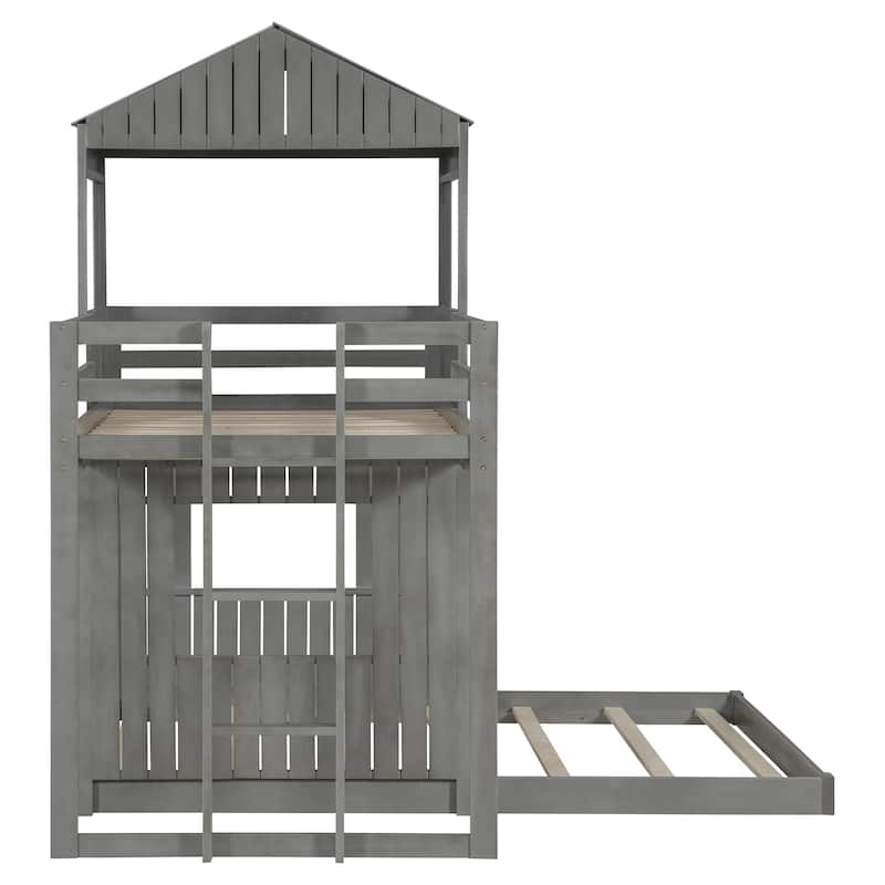 Roomfitters Wooden Twin Over Full Bunk Bed with Playhouse Design, Farmhouse Loft Bed with Ladder & Guardrails