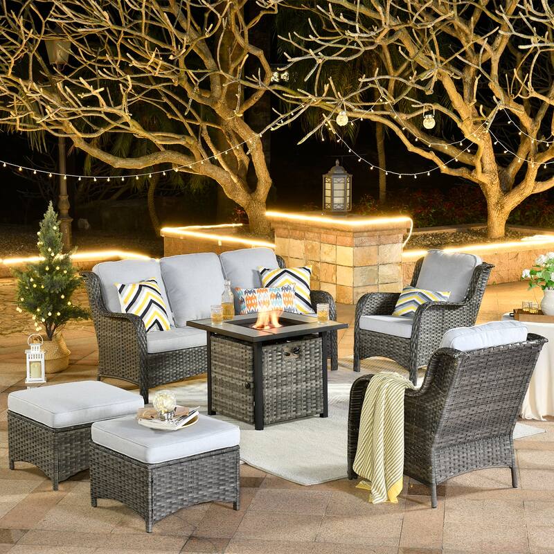 OVIOS Grey Wicker 6-piece Patio Furniture Set With 30" Fire Pit - Grey