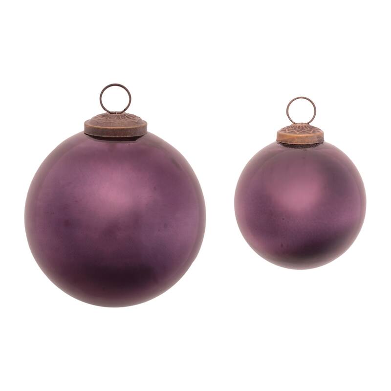 Frosted Purple Glass Ball Ornaments Set of 12 with Brass Caps for Christmas Tree and Wreath - 4” x 4” x 4” (L x W x H)