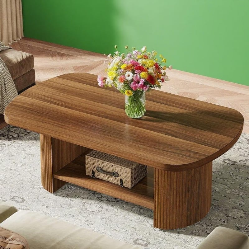 Tribesigns Oval Coffee Table 45 Inch Brown Mid Century Modern with Fluted Side and Dual Tier Storage