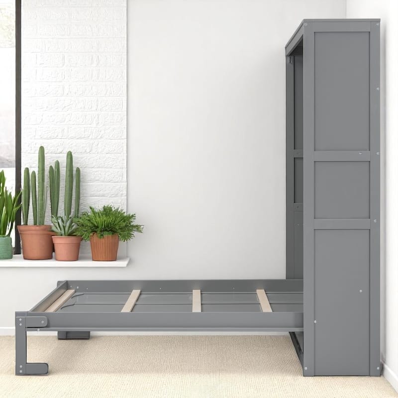 Modern Full/Queen Size Murphy Bed with Dual Shelves, Fold-Up Wall Bed Cabinet with Mattress Support Slats