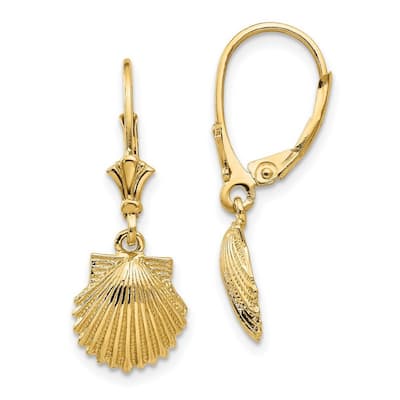 Curata 14k Yellow Gold Textured Scallop Shell Leverback Earrings (10mm x28mm) - White