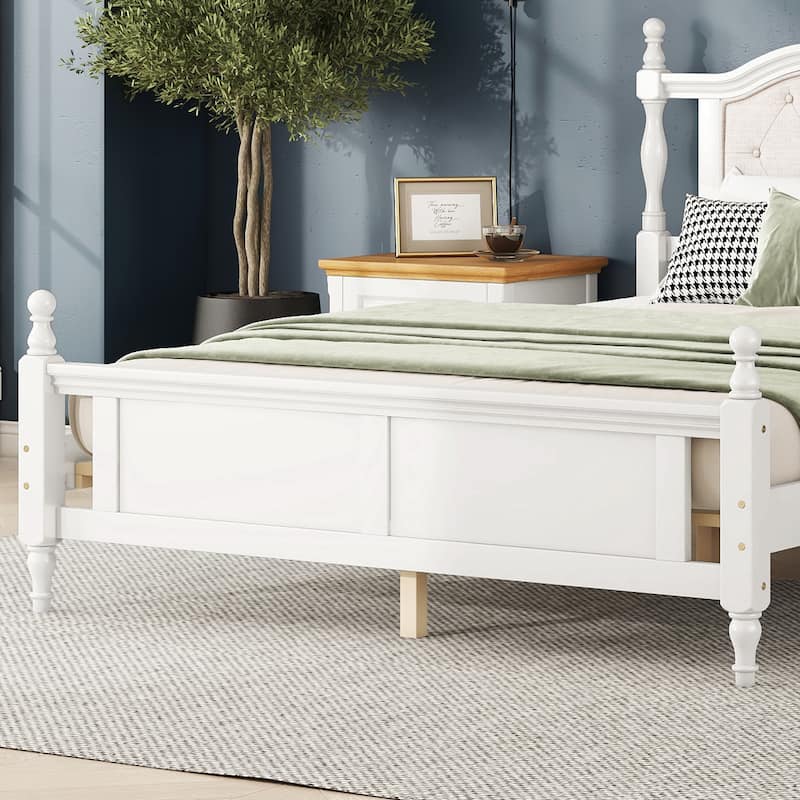 Classic Platform Bed Wooden Frame Queen Size Bed with Upholstered Tufted Headboard, Panel Footboard and Central Support Feet