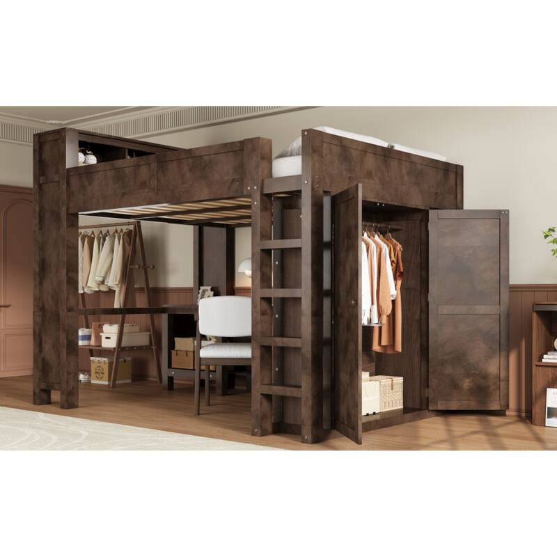 Roomfitters Queen Loft Bed with Wardrobe, Desk, Storage Headboard and USB