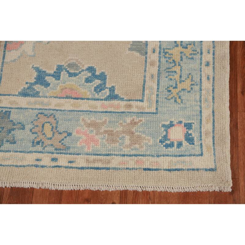 Hand Knotted Oriental 100% Wool Carpet Transitional Floral Beige & Ivories Oushak Runner Rug - 13' 2'' X 3' 2''