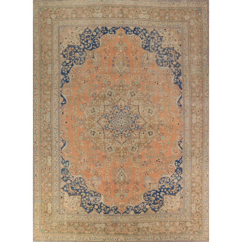 Floral Orange Mashad Persian Area Rug Hand-Knotted Wool Carpet - 9'7"x 12'7"