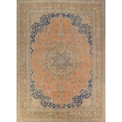 Floral Orange Mashad Persian Area Rug Hand-Knotted Wool Carpet - 9'7"x 12'7"