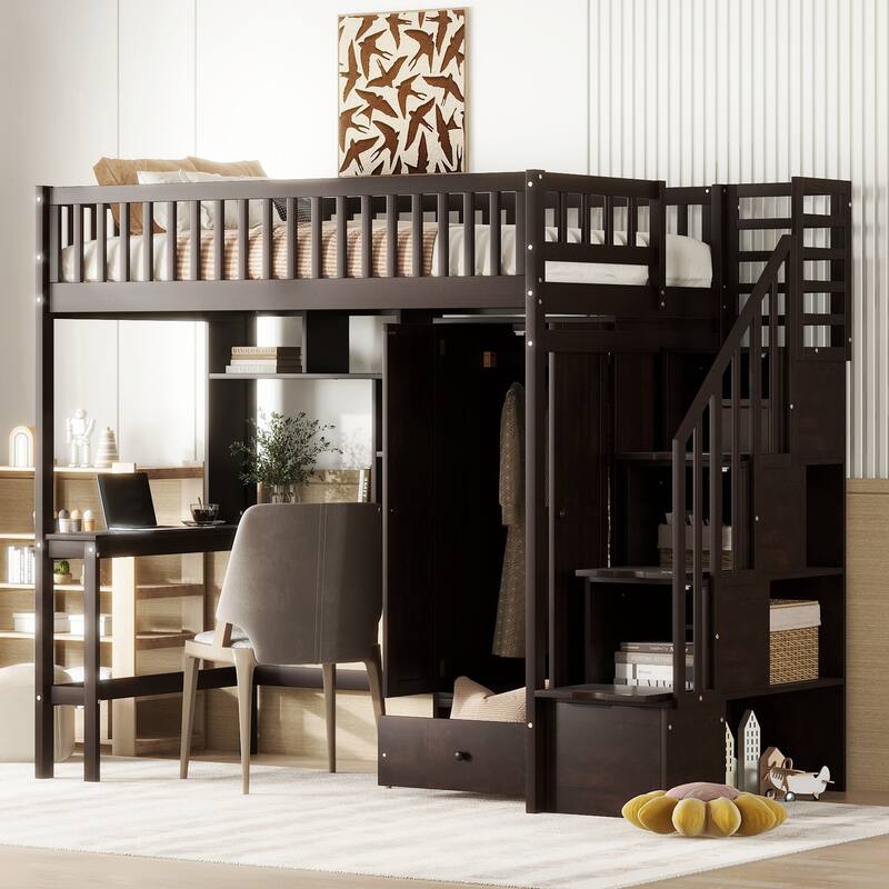 Twin Size Loft Bed with Built-in Desk and Wardrobe, Solid Wood Stairway Loftbed Frame with Bookshelf & Drawers for Kids/Bedroom