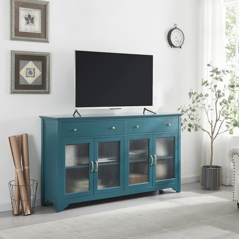 ​​Modern Coastal Teal TV Cabinets with 2 Storage Cabinets, 2 Drawers and Gold Handles for Living Room and Bedroom