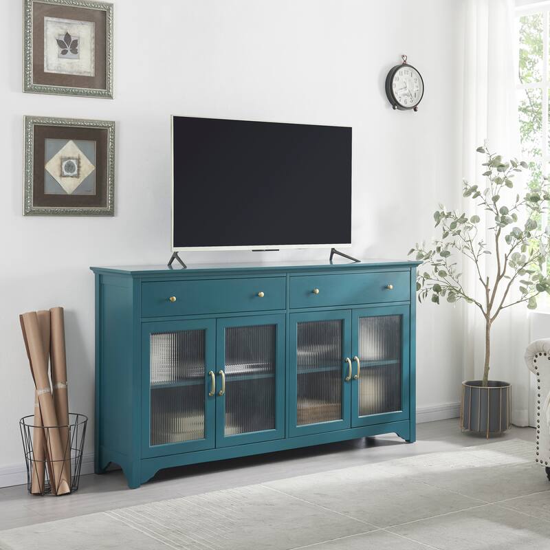65" TV Console, Storage Buffet Cabinet, Sideboard with Glass Door and Adjustable Shelves, Console Table, Teal Blue - Teal Blue