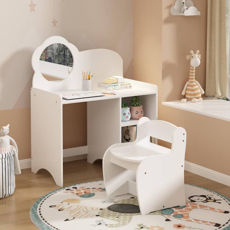Kids Vanity Table with Mirror and Chair, Wooden Children's Dressing Makeup Desk with Storage Shelves, Study and Activity