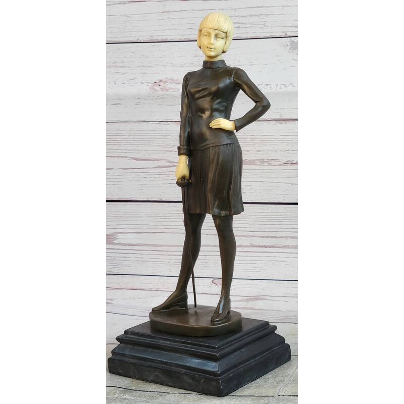 Hot Cast Bronze W/ Resin Head Hands - Female Fencer Sculpture On Marble Base