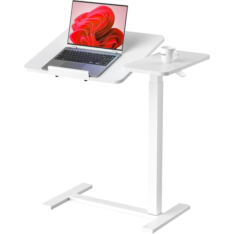 Overbed Bedside Table, Mobile Standing Desk Adjustable Height, Small Rolling Laptop Computer with Wheels, Tiltable Desktop - White