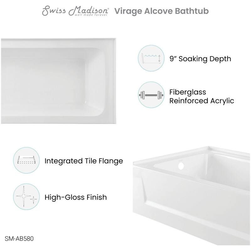 Swiss Madison SM-AB580 Virage 60" Three Wall Alcove Fiberglass Soaking