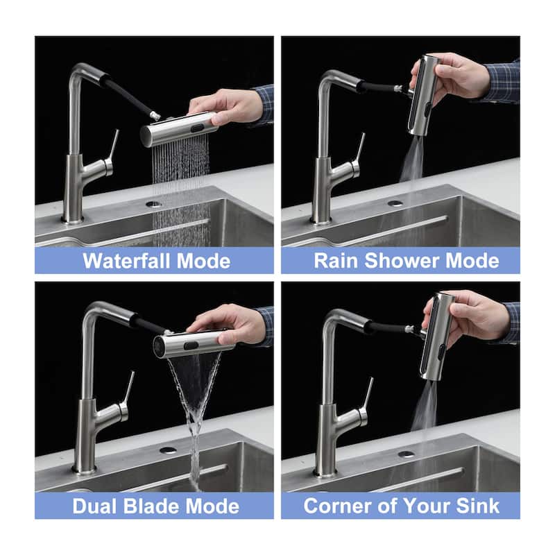 Modern & Sleek Design 360°Pull-Down Kitchen Faucet with 4 Spray Modes,